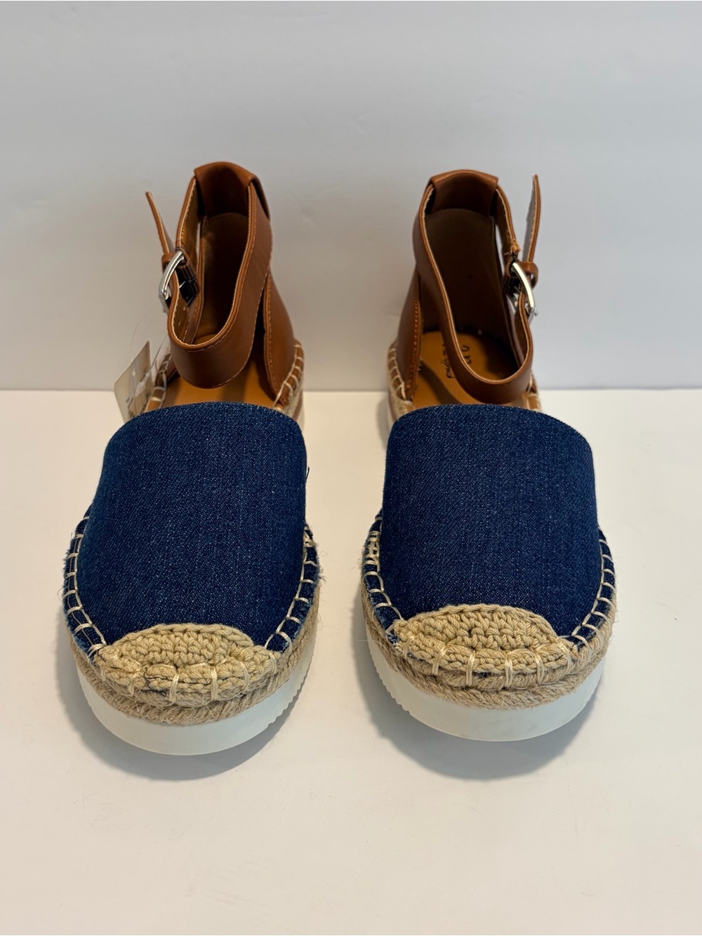 a.n.a Navy Denim Espadrille Platform Sandals with Tan Ankle Strap